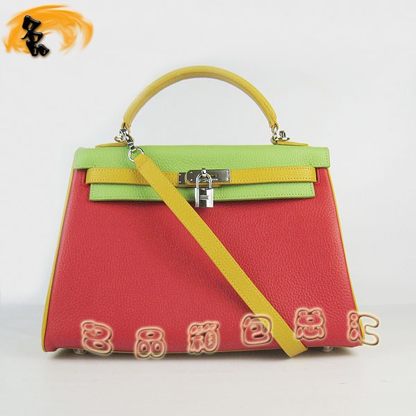 6108 凱莉包 Hermes女包 手提包 愛馬仕斜挎包 Hermes Kelly Bag 配色荔枝紋 紅綠黃色銀扣