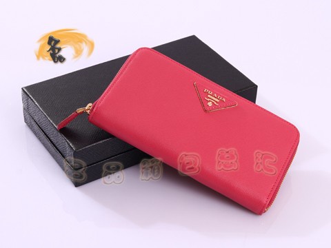 1M0506 Prada最新款 Prada十字紋牛皮拉鏈錢包 普拉達長款錢夾 Prada錢包 玫紅色