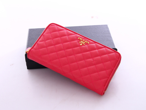 1M0506 Prada最新款 拉鏈錢包 Prada格子車線錢包 普拉達長款錢夾 玫紅色
