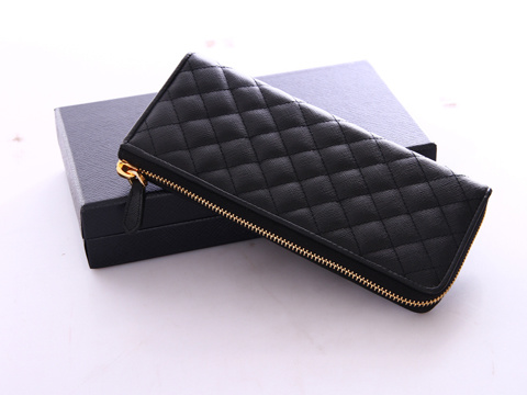 1M1183 Prada錢包 牛皮格子車線半開式女士錢包 普拉達錢夾 Prada最新款 黑色金鏈