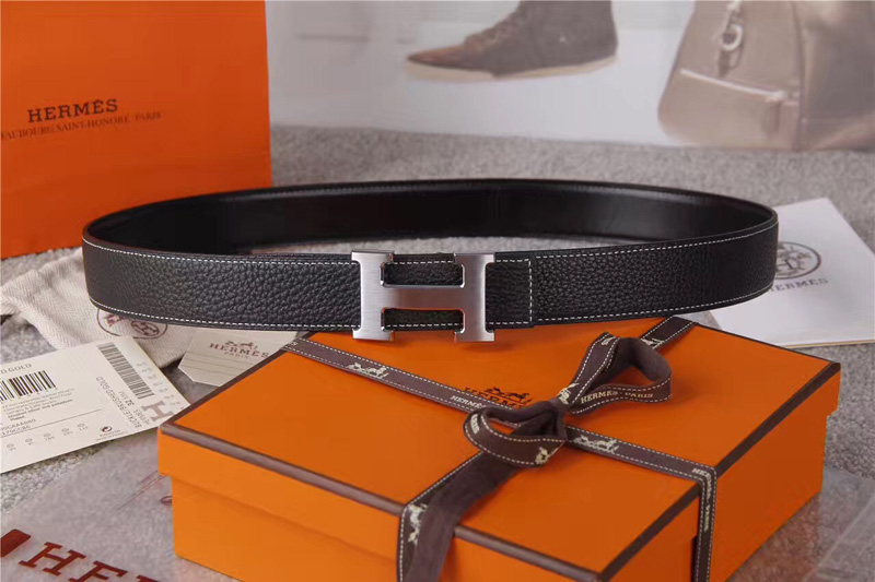 愛馬仕腰帶 Hermès 愛馬仕原單腰帶 經典H拉絲扣頭 海外進口荔枝紋帶條 黑色