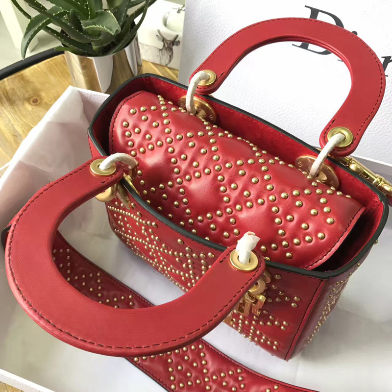 M0579 Dior迪奧 LADY DIOR紅色小牛皮柔軟手提包 飾釘手提單肩包