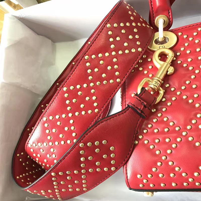 M0579 Dior迪奧 LADY DIOR紅色小牛皮柔軟手提包 飾釘手提單肩包
