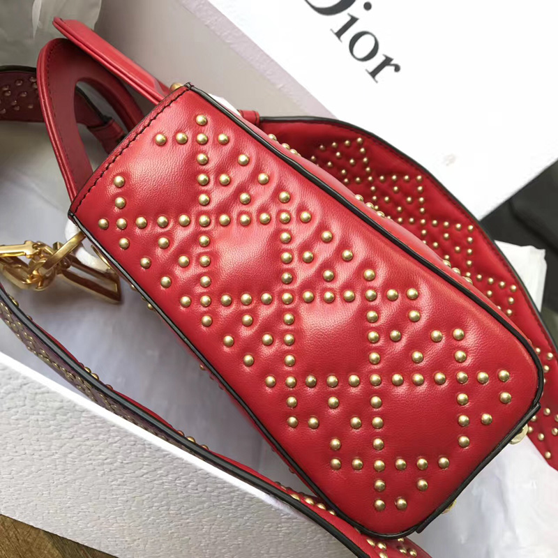 M0579 Dior迪奧 LADY DIOR紅色小牛皮柔軟手提包 飾釘手提單肩包