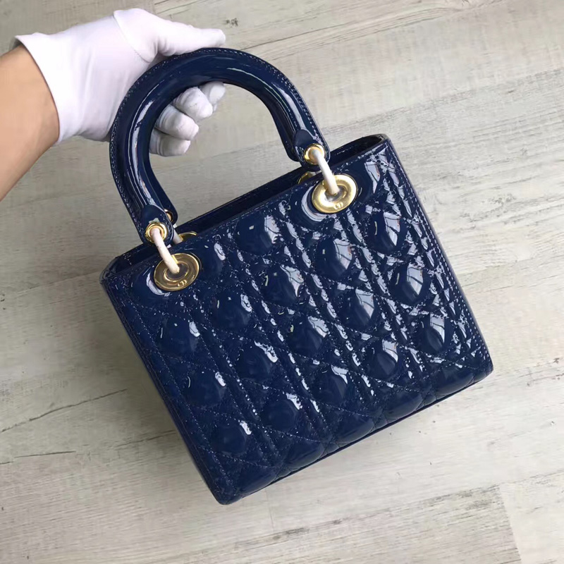 Dior迪奧 Lady Dior 經典戴妃包 五格小號 藍色漆皮 銀色五金