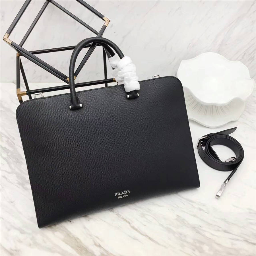 2VN006 Prada普拉達男包 Prada男士公文包 普拉達十字紋手提包 黑色