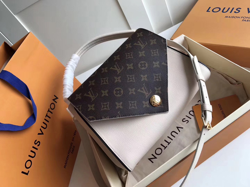 M54438 LV DOUBLE V 手袋 LV女包 翻蓋式拼色老花單肩手提包 奶白色