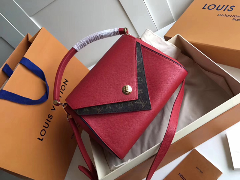 M54624 LV DOUBLE V 手袋 LV女包 翻蓋式拼色老花單肩手提包 紅色