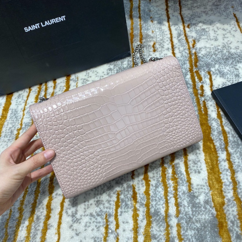 354119 YSL圣羅蘭經典中號monogram圖案型圣羅蘭鱷魚紋流蘇挎包 粉色