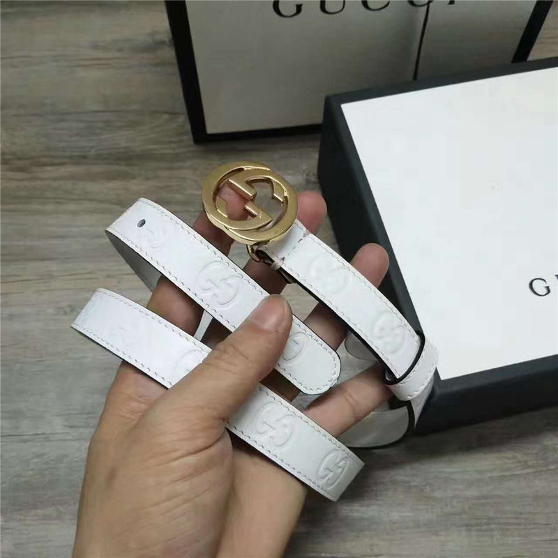 Gucci 新款 進口原版小牛皮壓花 女士腰帶 雙G扣頭 雙面可用 白色金扣