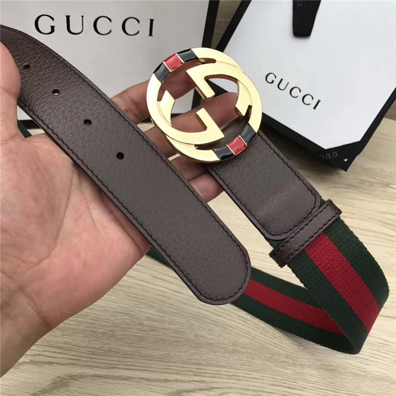 GUCCl NEW原單 彩色織帶配進口牛皮 原單雙G金屬扣頭 紅配綠金扣