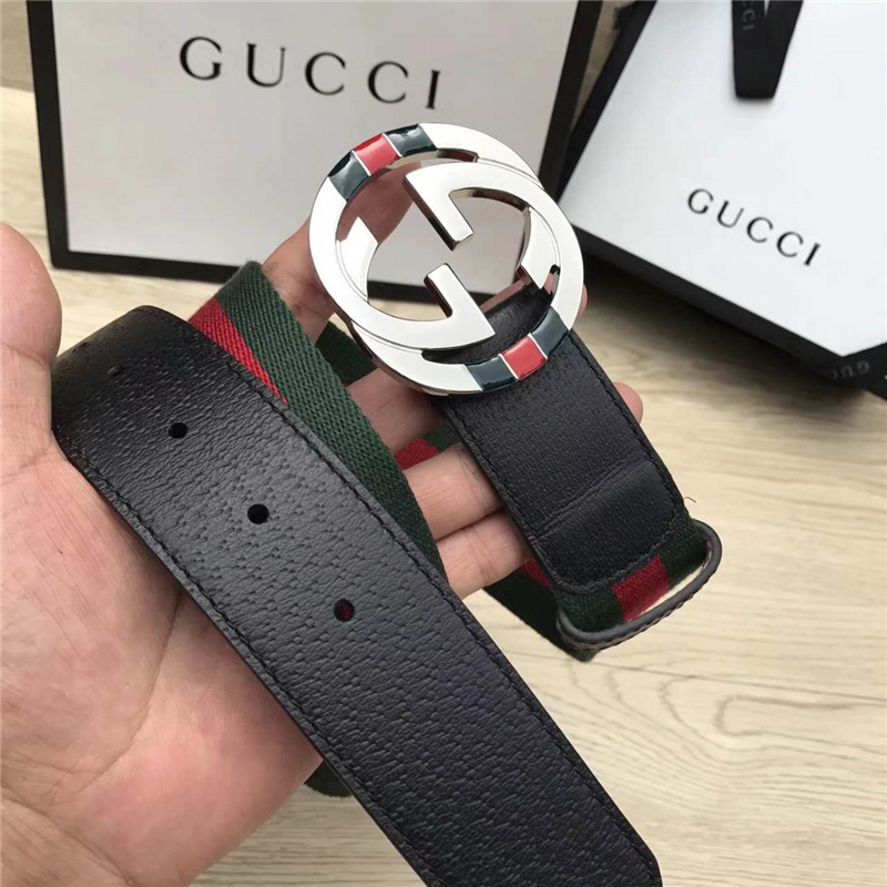 GUCCl NEW原單 彩色織帶配進(jìn)口牛皮 原單雙G金屬扣頭 紅配綠銀扣