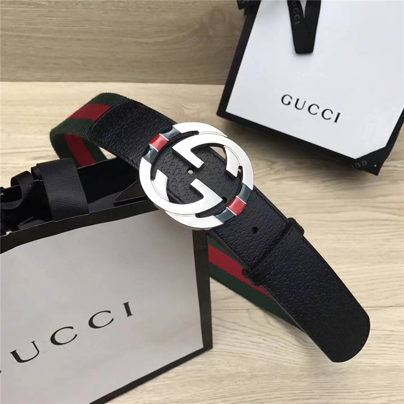 GUCCl NEW原單 彩色織帶配進(jìn)口牛皮 原單雙G金屬扣頭 紅配綠銀扣