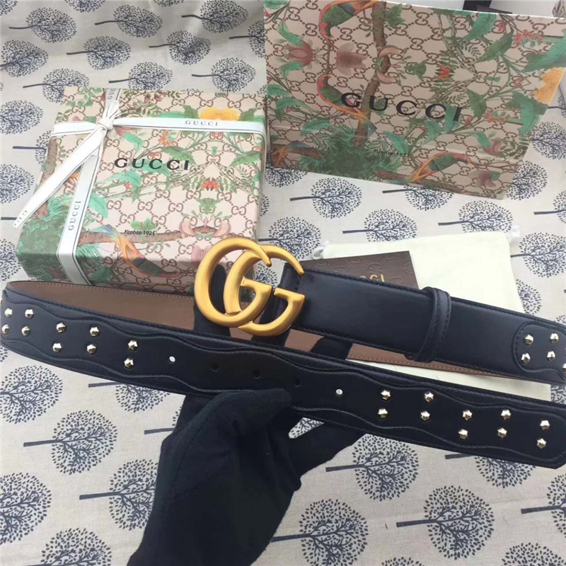 Gucci 古馳 歐洲專柜新款 純手工鑲釘 原版古銅金屬扣頭 雙G腰帶 純黑