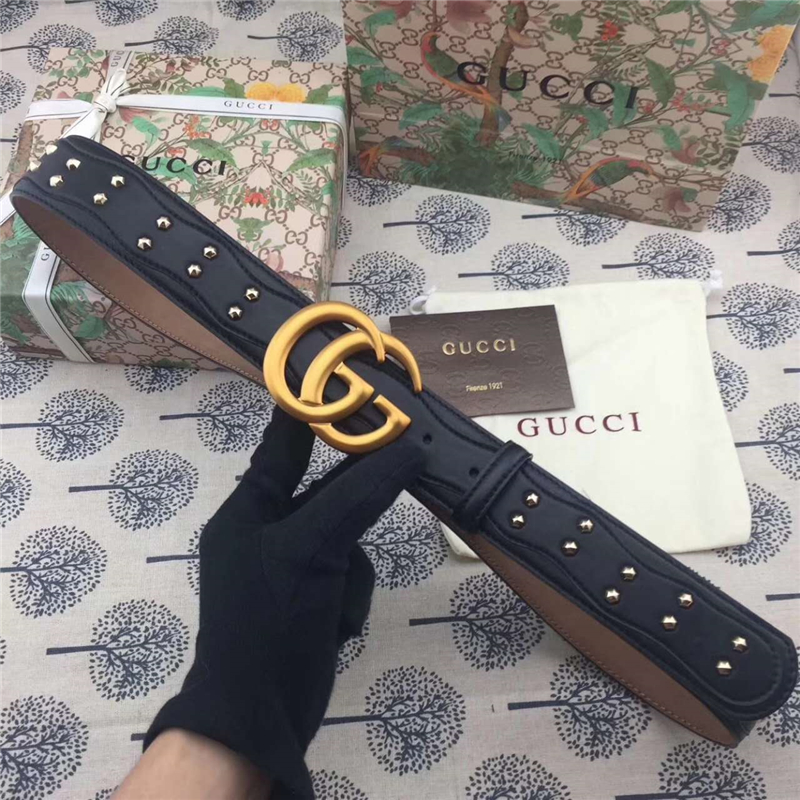 Gucci 古馳 歐洲專柜新款 純手工鑲釘 原版古銅金屬扣頭 雙G腰帶 純黑