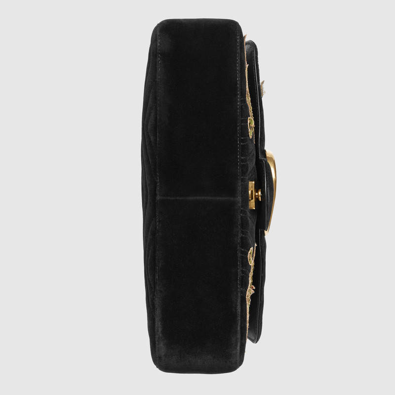 443496 GUCCI GG Marmont系列 刺繡 人形花紋天鵝絨 肩背包 黑色