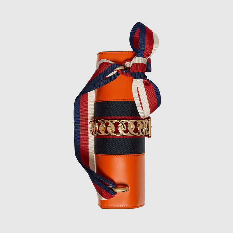 421882 GUCCI Sylvie 系列 織帶裝飾 皮革 肩背包 橘色