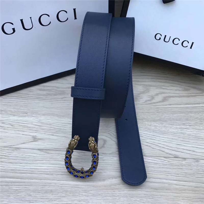 GUCCI 古馳 2017暢銷女款 雙面進口平紋 頭層牛皮 龍頭花紋扣 藍帶藍鉆金扣
