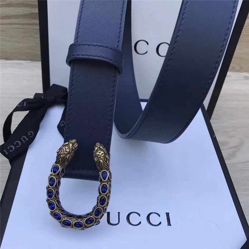 GUCCI 古馳 2017暢銷女款 雙面進口平紋 頭層牛皮 龍頭花紋扣 藍帶藍鉆金扣