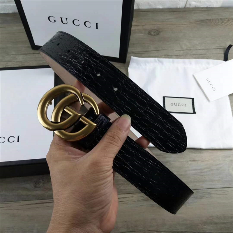 GUCCI 新款 進口頭層牛皮壓鱷魚紋 雙G帶扣 女士腰帶 黑色