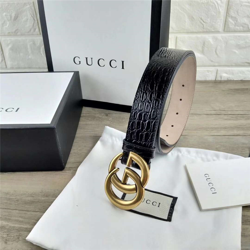 GUCCI 新款 進口頭層牛皮壓鱷魚紋 雙G帶扣 女士腰帶 黑色