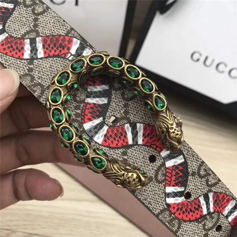 411924 GUCCI 古馳 2017時尚暢銷款 女腰帶 仿古銅龍頭扣 綠鉆蛇紋