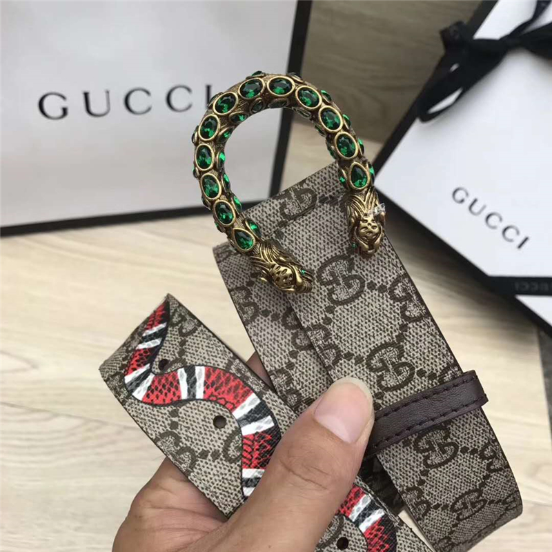 411924 GUCCI 古馳 2017時尚暢銷款 女腰帶 仿古銅龍頭扣 綠鉆蛇紋