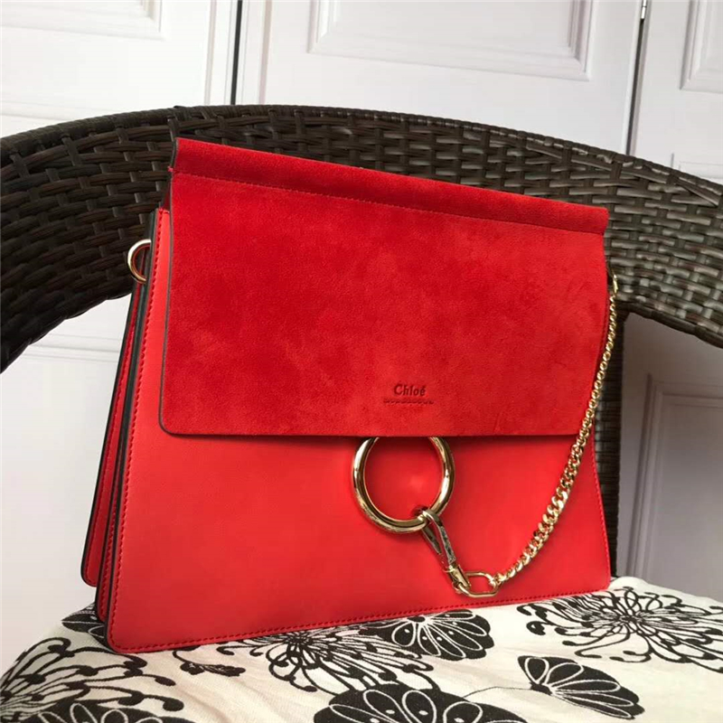 70652 Chloé Faye 珂洛伊 大號 牛皮配磨砂皮 圓環鏈條 單肩斜挎包 大紅色