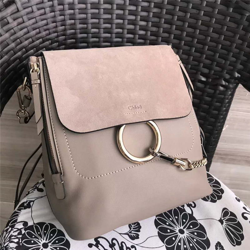Chloe 珂洛伊 Faye backpack 牛皮配磨砂皮 圓環鏈條 大號雙肩包 大象灰