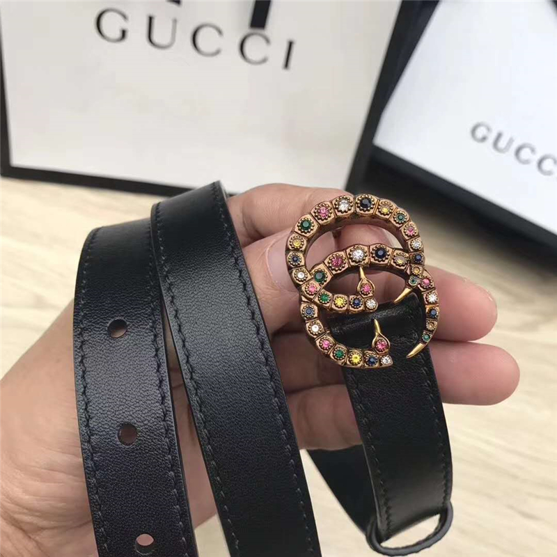 GUCCI皮帶 頭層牛皮 七彩水晶古銅扣 GUCCI腰帶 女士皮帶