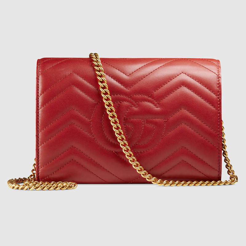 474575 GUCCI GG Marmont系列 絎縫皮革 迷你鏈條手袋 芙蓉紅