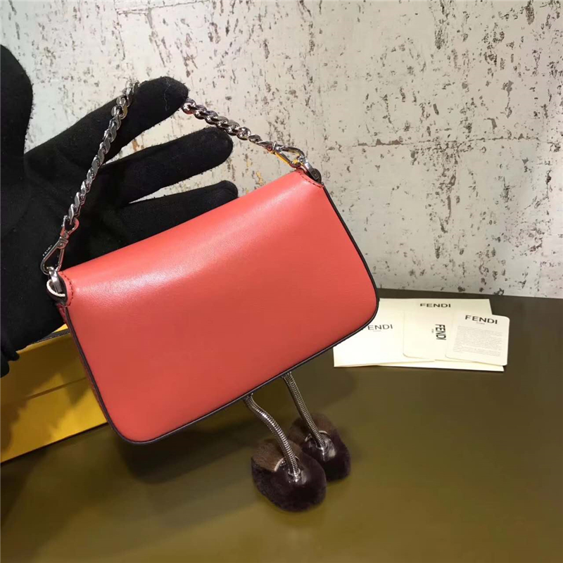 203 FENDI 芬迪 小怪獸帶腳包 拼色花朵鉚釘 鏈條手提肩包 橘紅色