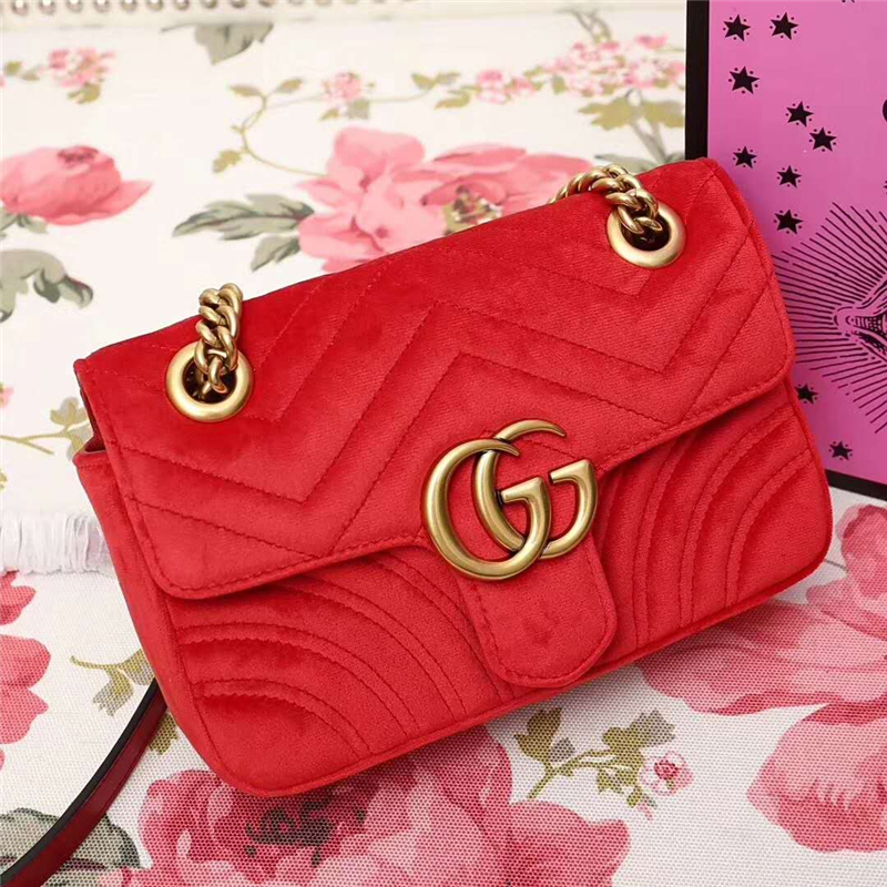 446744 GUCCI GG Marmont系列 波浪紋天鵝絨刺繡 鏈帶肩背包 芙蓉紅