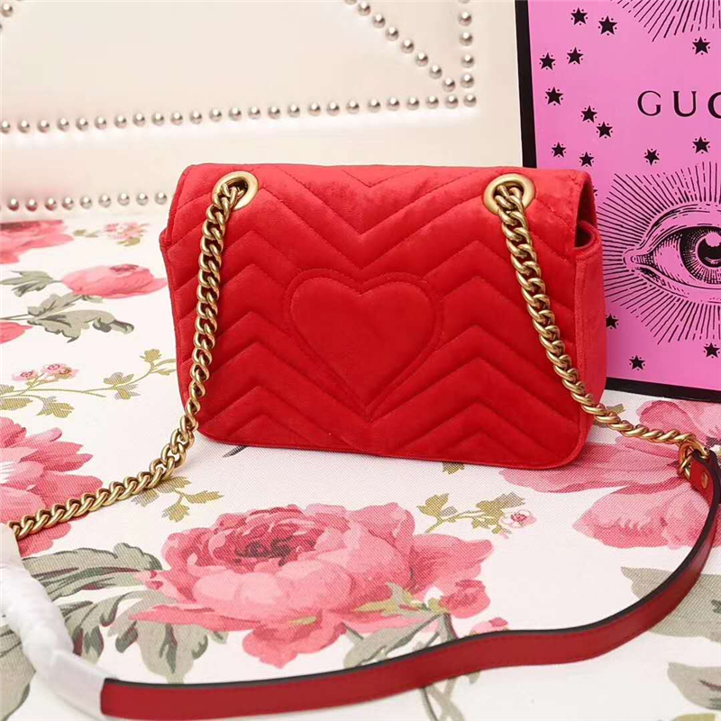 446744 GUCCI GG Marmont系列 波浪紋天鵝絨刺繡 鏈帶肩背包 芙蓉紅