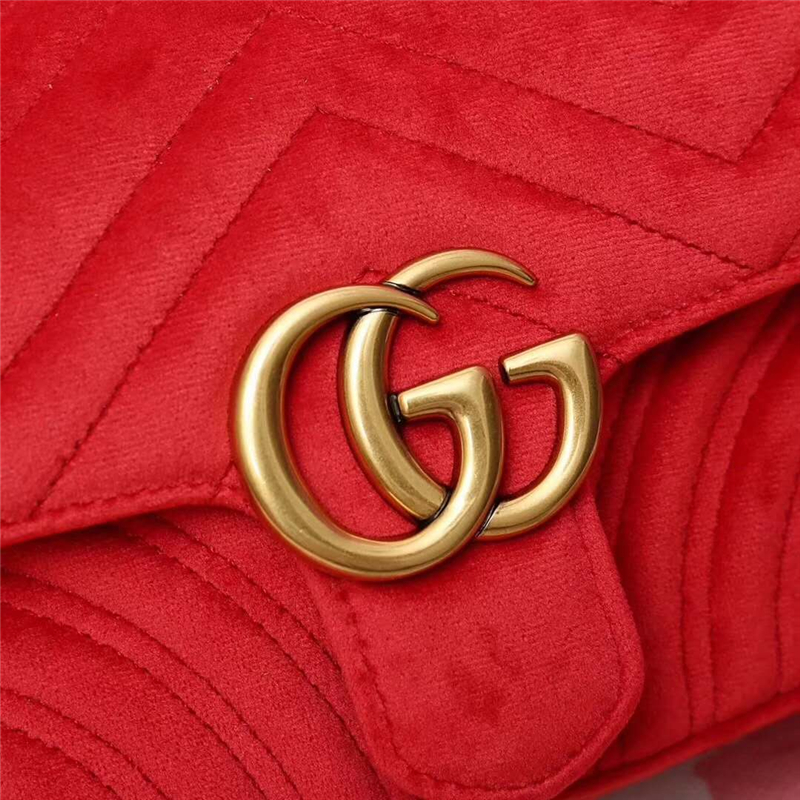 446744 GUCCI GG Marmont系列 波浪紋天鵝絨刺繡 鏈帶肩背包 芙蓉紅