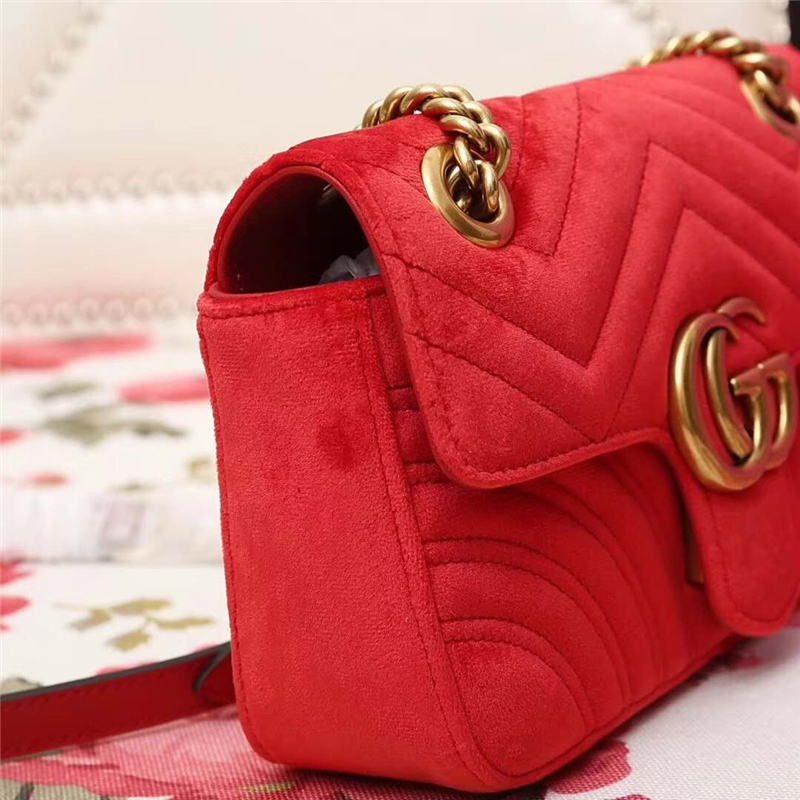 446744 GUCCI GG Marmont系列 波浪紋天鵝絨刺繡 鏈帶肩背包 芙蓉紅