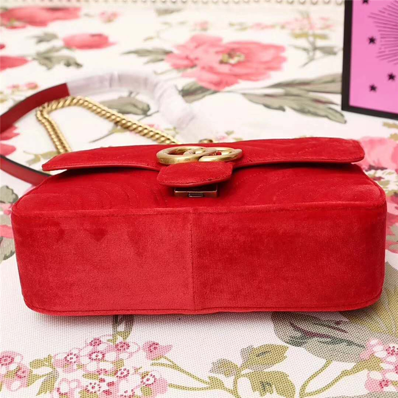 446744 GUCCI GG Marmont系列 波浪紋天鵝絨刺繡 鏈帶肩背包 芙蓉紅