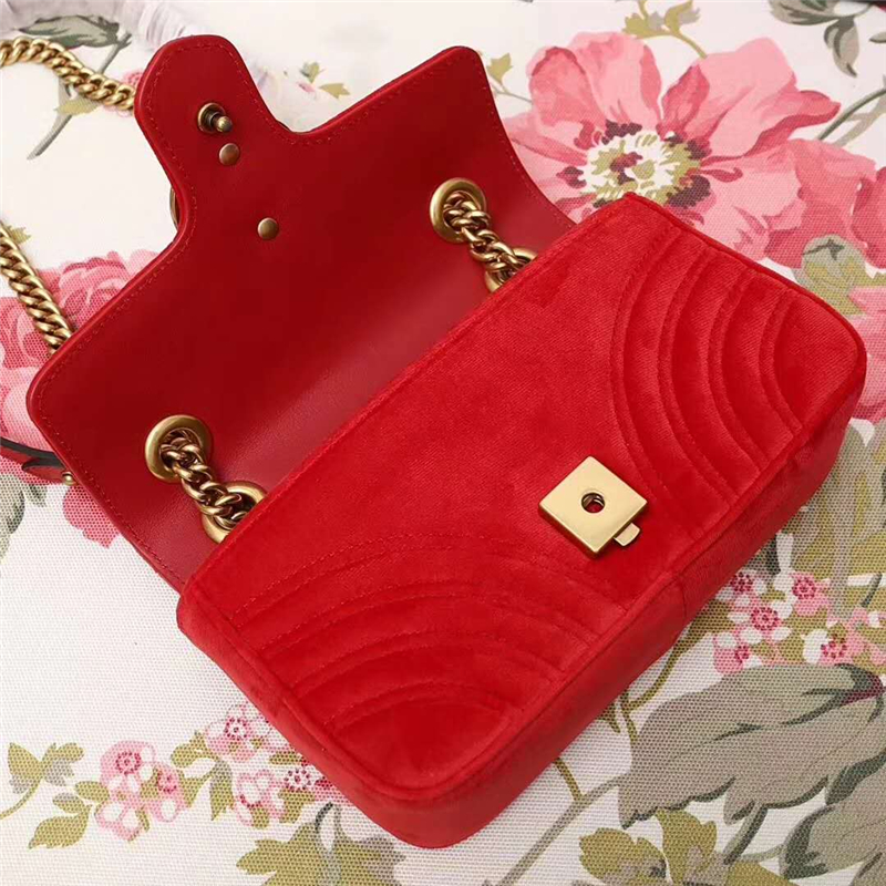 446744 GUCCI GG Marmont系列 波浪紋天鵝絨刺繡 鏈帶肩背包 芙蓉紅