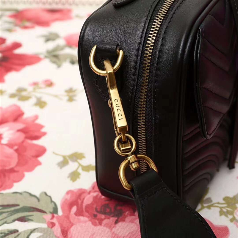 498100 新款 GG Marmont系列 絎縫波浪紋 織帶 手提斜跨包 黑色