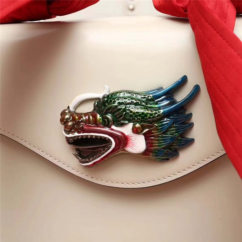 466405 GUCCI 龍頭 真皮 綢緞提手 雙蝴蝶結 斜跨手提包 白色