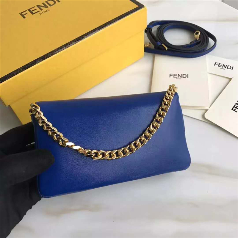 212 FENDI 芬迪 時裝秀MICRO BAGUETTE 翻蓋雙F 鏈條 手提斜挎包 藍色