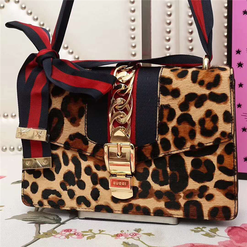 421882 GUCCI Sylvie新款 豹紋 蝴蝶結(jié)織帶 單肩女包 啡色