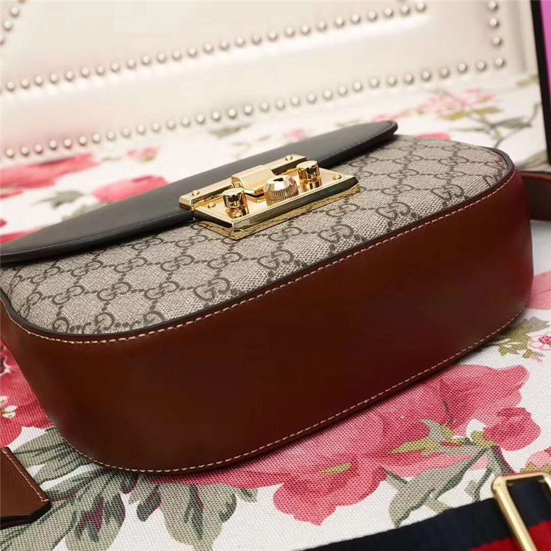 453189 Gucci Supreme高級人造帆布 金扣 斜挎馬鞍包 黑配棕