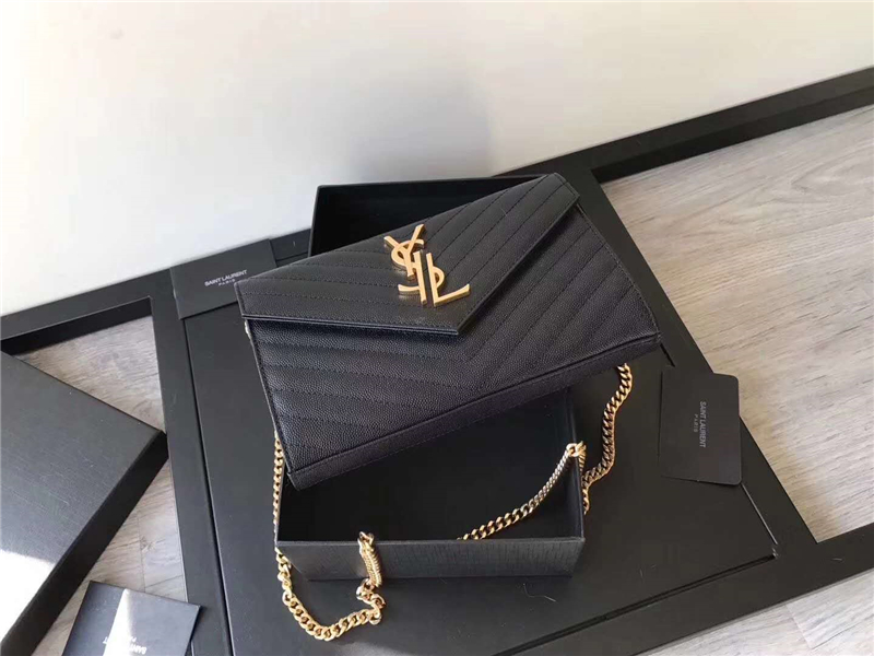 377828 YSL 進口魚子醬皮 圣羅蘭 真皮鏈式皮夾 黑色金飾