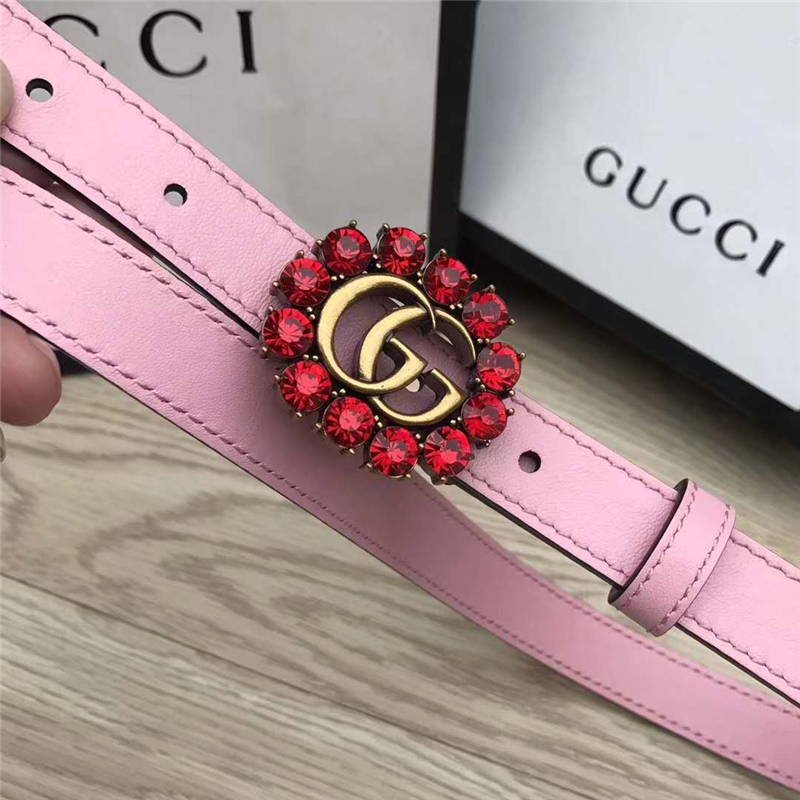 Gucci 模特走秀款 紅色水晶 雙G帶扣 皮革腰帶 粉紅