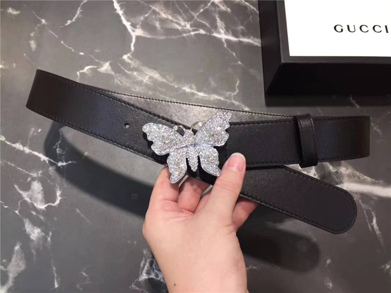 Gucci 2018新款 走秀款 原版牛皮 蝴蝶滿鉆扣頭 黑色銀扣