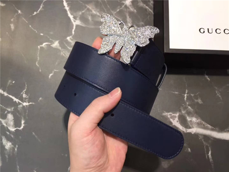 Gucci 2018新款 走秀款 原版牛皮 蝴蝶滿鉆扣頭 藍色銀扣