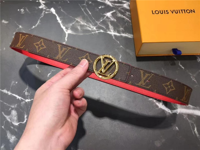 LV 新款 LV Circle 圓形LV字母 鋼扣 雙面腰帶 啡配大紅