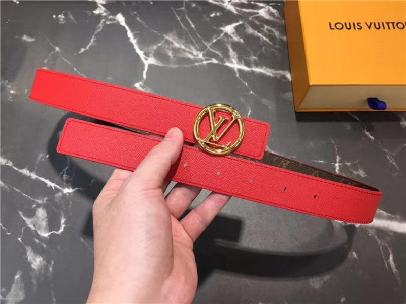 LV 新款 LV Circle 圓形LV字母 鋼扣 雙面腰帶 啡配大紅