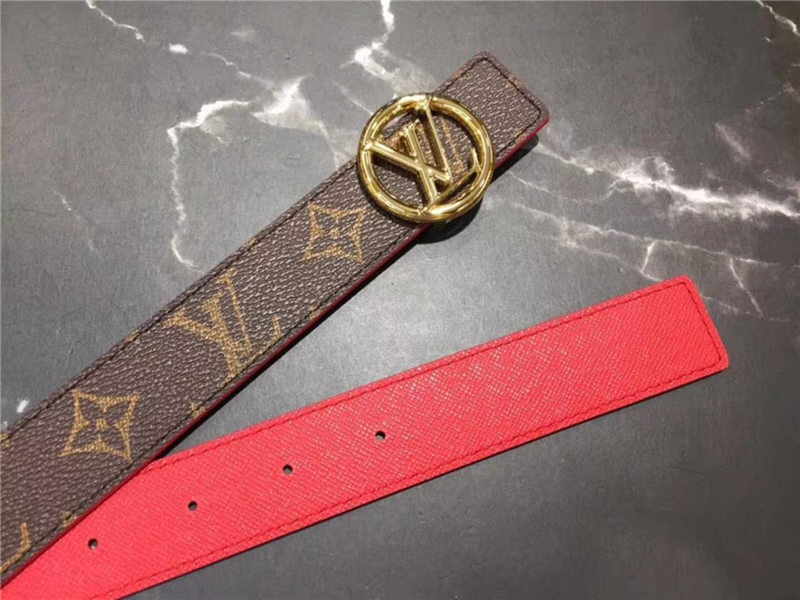 LV 新款 LV Circle 圓形LV字母 鋼扣 雙面腰帶 啡配大紅